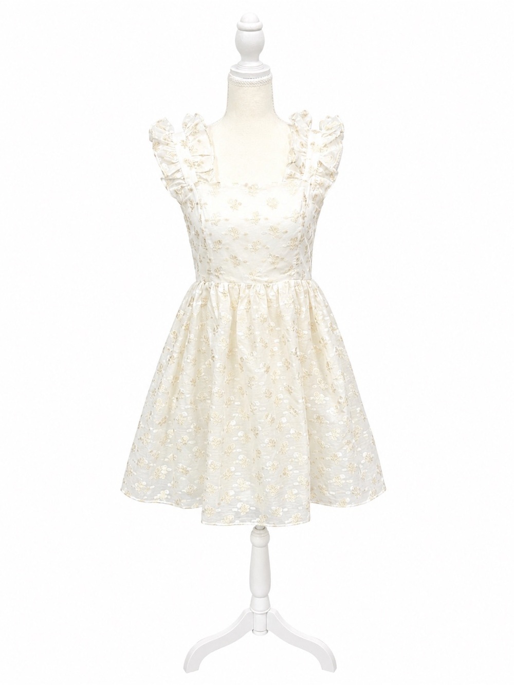 English Factory White Floral Jacquard Ruffle Mini Dress XS Pockets Cottagecore - Picture 2 of 5